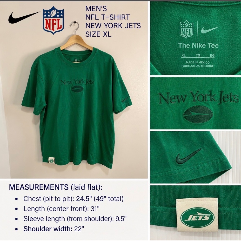 Nike New York Jets NFL T-Shirt Mens XL Green Embroidered Cotton Short Sleeve Tee